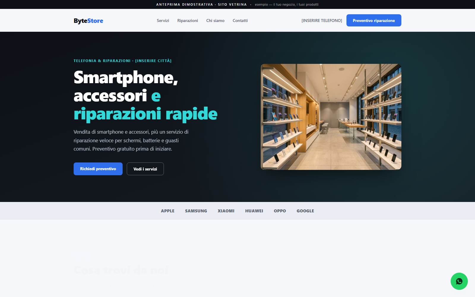 Sito vetrina dimostrativo per un negozio di telefonia
